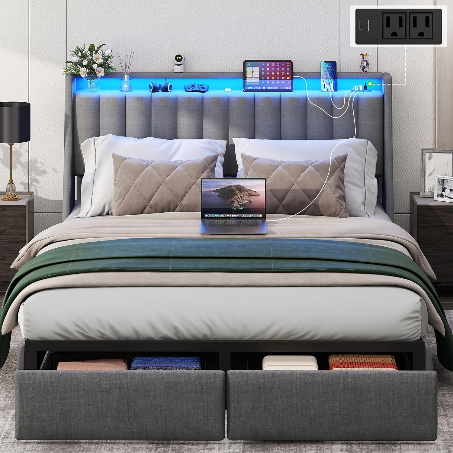 Queen Bed Frame with 2 Storage Drawers, Platform Bed Frame Queen Size with LED Light, Upholstered Headboard, Charging Station, Steel Slat Support, No Box Spring Needed, Noise-Free, Easy Assembly, Gray