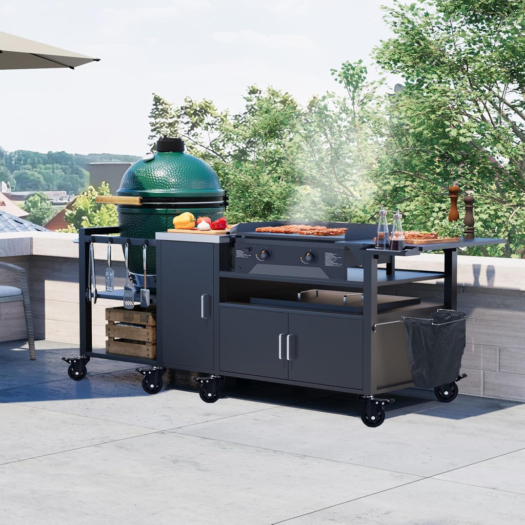 GDLF Outdoor Grill Cart for Big Green Egg& Blackstone Griddle, Metal Grill Table Compatible with Large Big Green Egg and 28'/36' Blackstone Griddle, Waterproof Cover Included