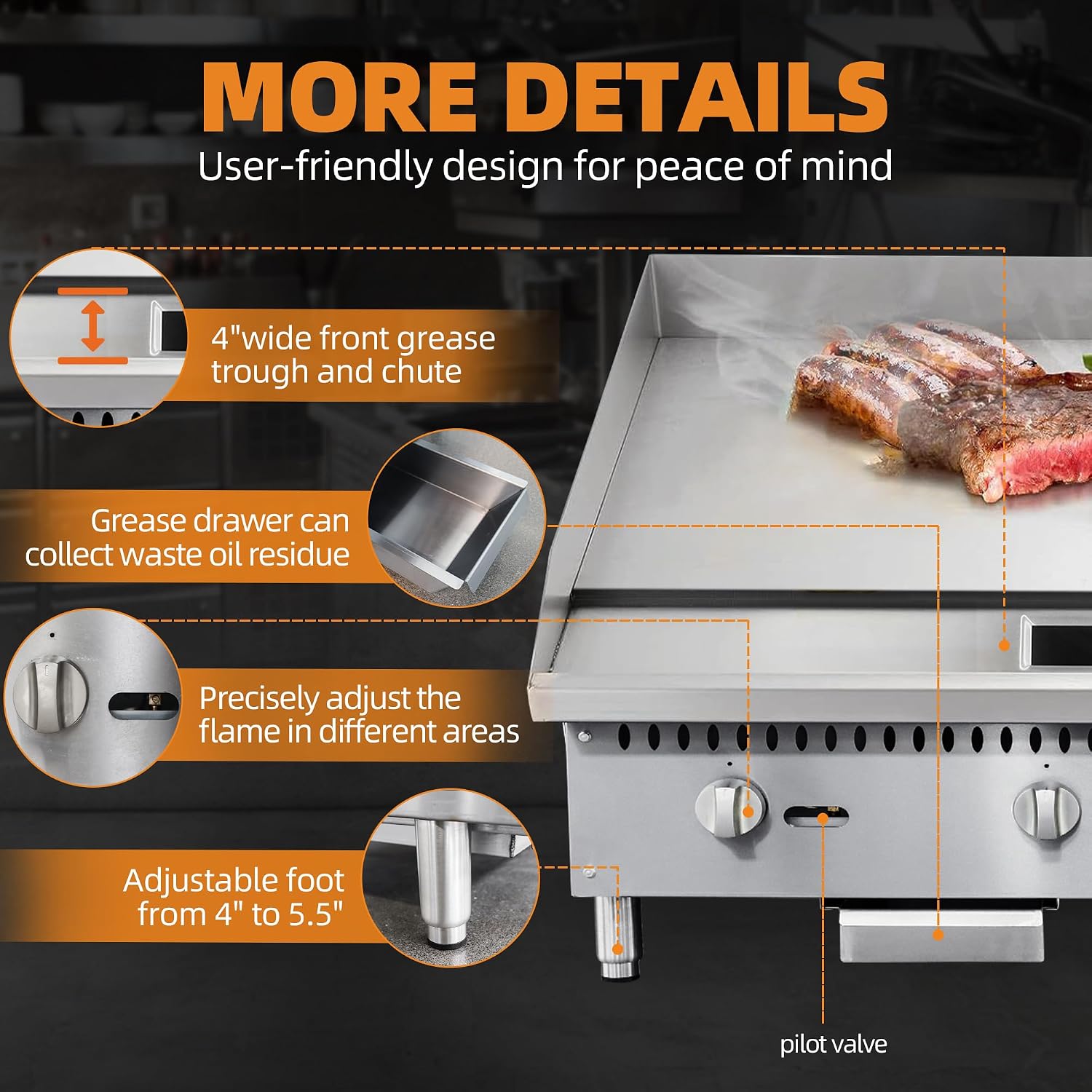 36' Commercial Countertop Griddle, 3 Burners Gas Griddle, 90000 BTU Output, Stainless Steel Flat Top Grill Hot Plate with Natural Gas and Propane Conversion Kit for Restaurant,Food Truck