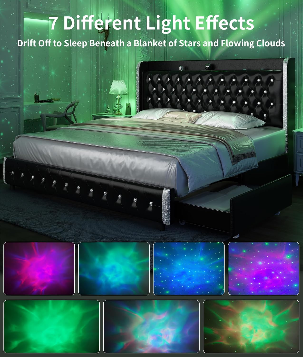 GEGOFORU Queen Bed Frame with LED Lights & Galaxy Projector, Modern Wingback Platform with 4 Storage Drawers, USB Ports, Noise-Free Solid Wood Slats, No Box Spring Needed, PU Black
