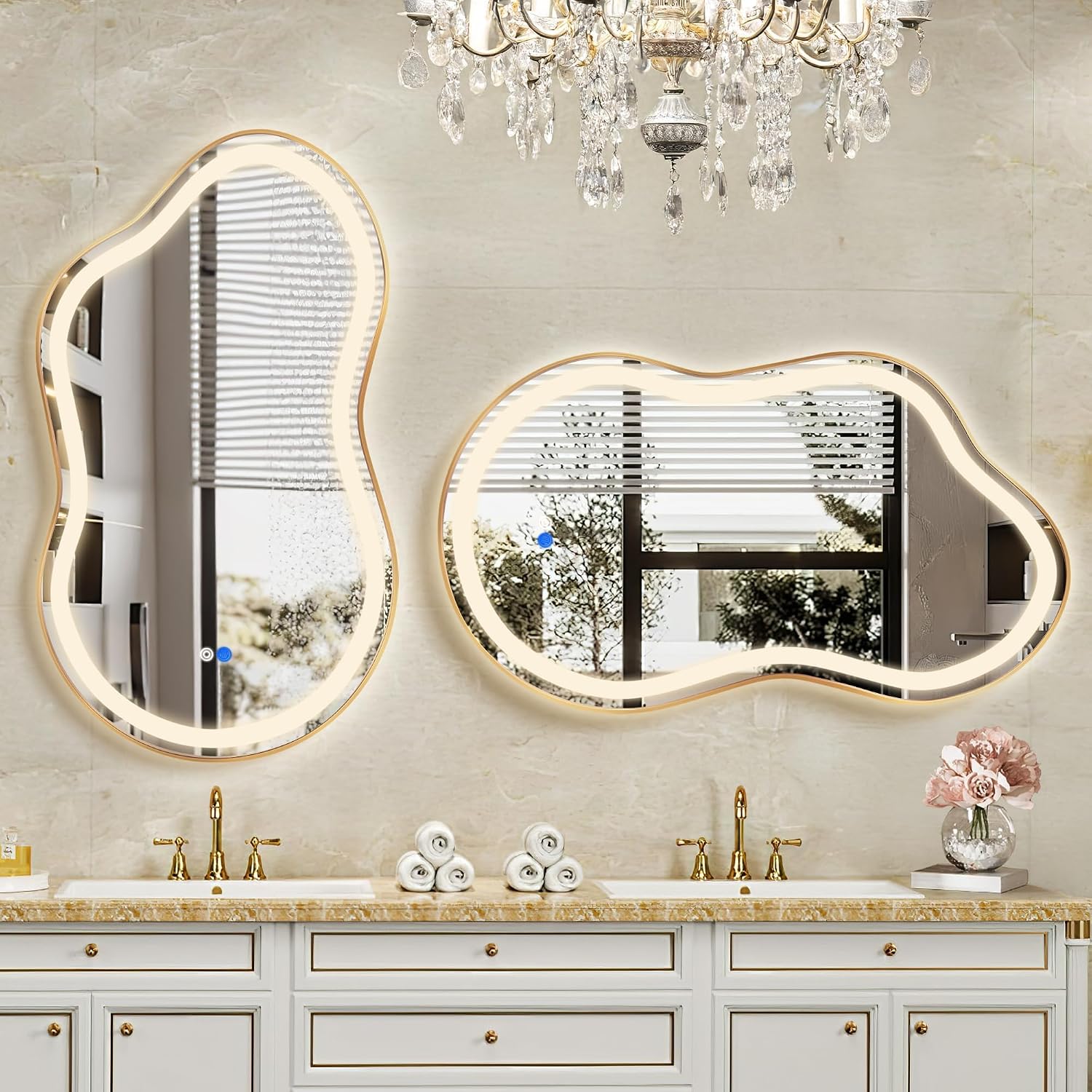 Irregular LED Bathroom Mirror with Lights, Cloud Smart Backlit Mirror, Dimmable Lighted Bathroom Gold Mirror with Anti-Fog, Asymmetrical Vanity Mirror Hangable 2 Ways (Gold, 24 x 36, 1 Pack)