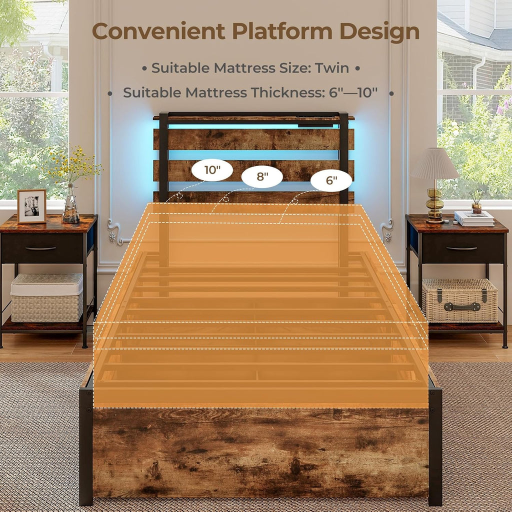 Giantex Twin Bed Frames for Kids, Twin Bed Frame with LED Lights Headboard and 4 Storage Drawers, Metal Platform Bed with Charging Station, Easy Assembly, No Box Spring Needed, Smart LED Bed Frame