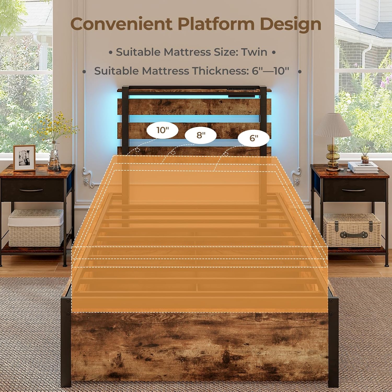 Giantex Twin Bed Frames for Kids, Twin Bed Frame with LED Lights Headboard and 4 Storage Drawers, Metal Platform Bed with Charging Station, Easy Assembly, No Box Spring Needed, Smart LED Bed Frame