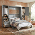 Merax Queen Size Murphy Bed with Desk, Multifunctional Foldable Wall Bed with Closet, Drawers and Shelves, Space-Saving Wood Platform Bed Frame for Small Spaces Studio Study Office Guest Room, Gray