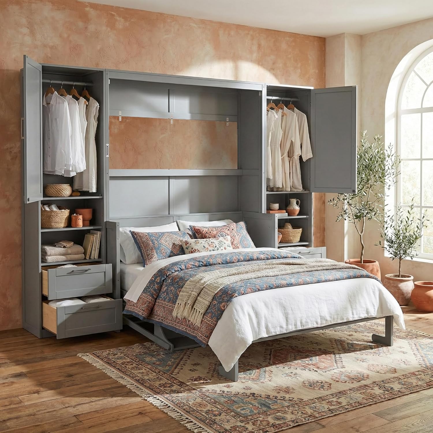 Merax Queen Size Murphy Bed with Desk, Multifunctional Foldable Wall Bed with Closet, Drawers and Shelves, Space-Saving Wood Platform Bed Frame for Small Spaces Studio Study Office Guest Room, Gray