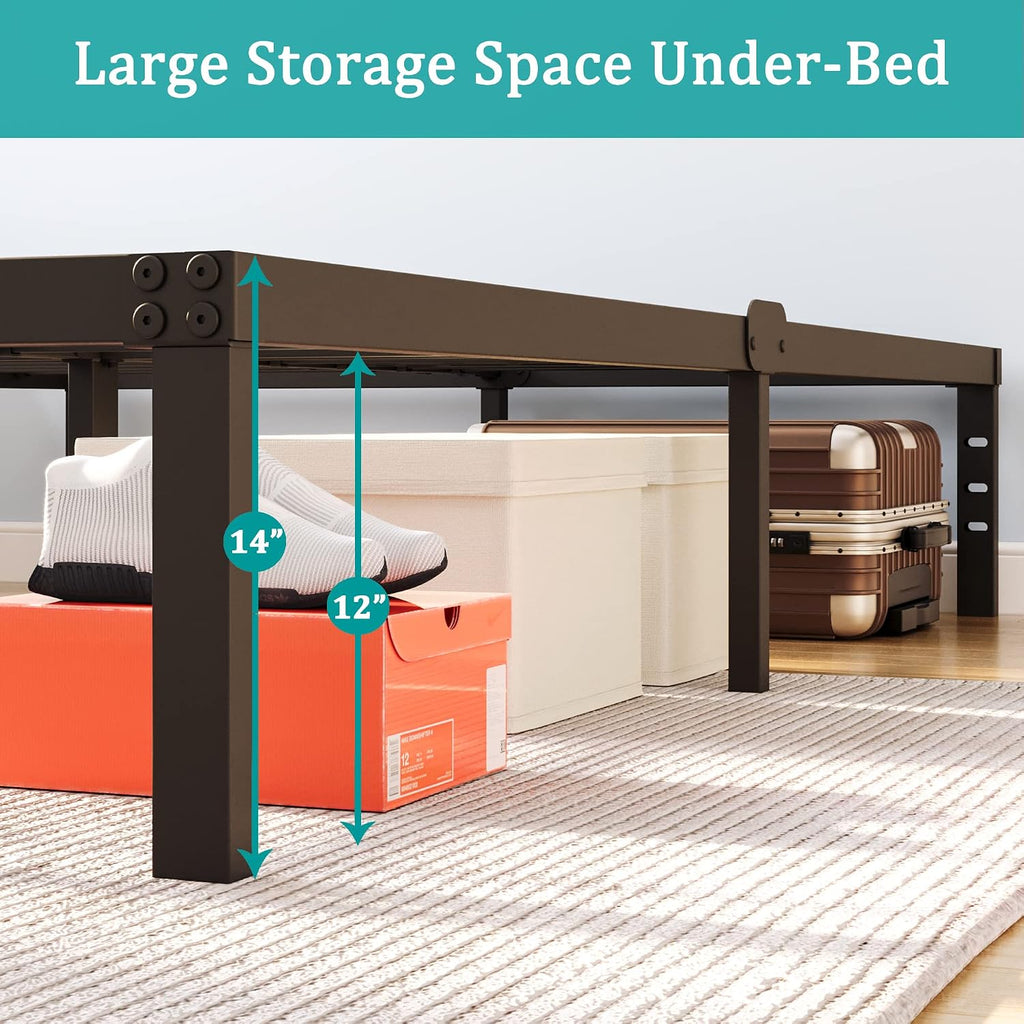 King Bed Frame and Headboard Holes with Storage No Box Spring Needed Black Metal Platform Heavy Duty Bed Frames Support up to 3500 Lbs Noise Free Easy Assembly Non-Slip Design 14 Inch