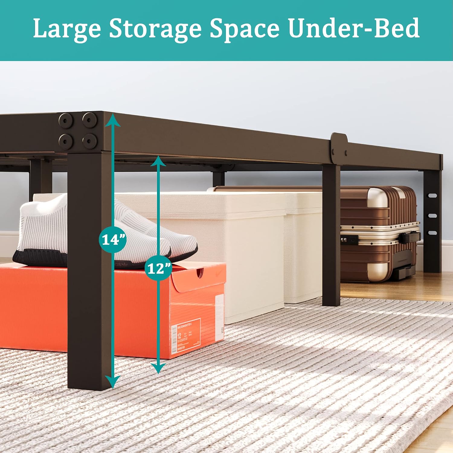 King Bed Frame and Headboard Holes with Storage No Box Spring Needed Black Metal Platform Heavy Duty Bed Frames Support up to 3500 Lbs Noise Free Easy Assembly Non-Slip Design 14 Inch