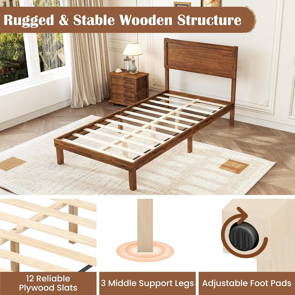 Giantex Wood Twin Bed Frames with Headboard, Mid Century Modern Platform Bed Twin Size with Solid Wood Legs & Wooden Slat Support, Easy Assembly, No Box Spring Needed, Walnut