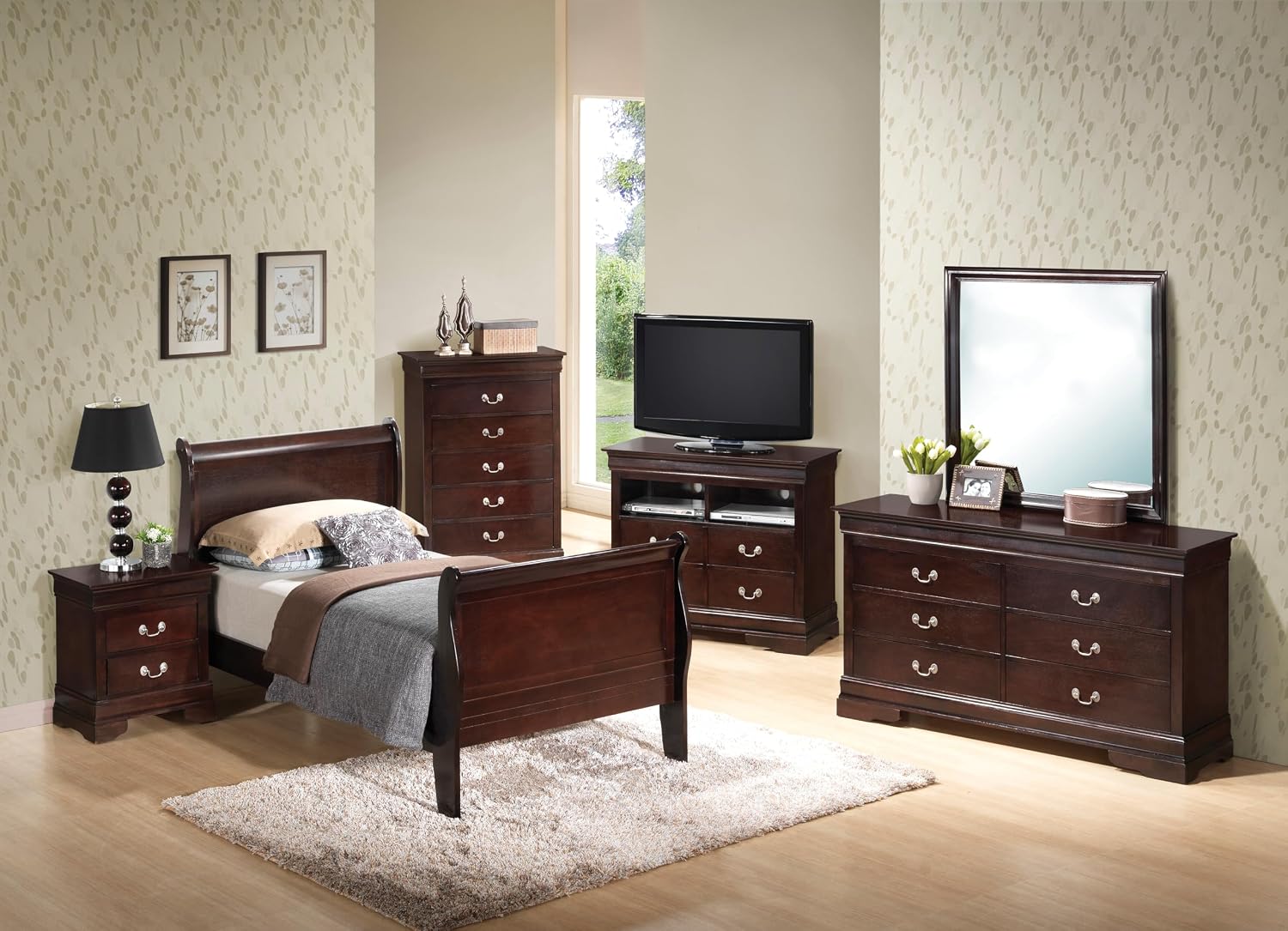 GDFStudio Twin Size Wood Platform Bed Frame, Classic Sleigh Design with Curved Trim & Wood Posts,Easy Assembly, Box Spring Required,Timeless Elegant Bedroom Furniture,Cappuccino