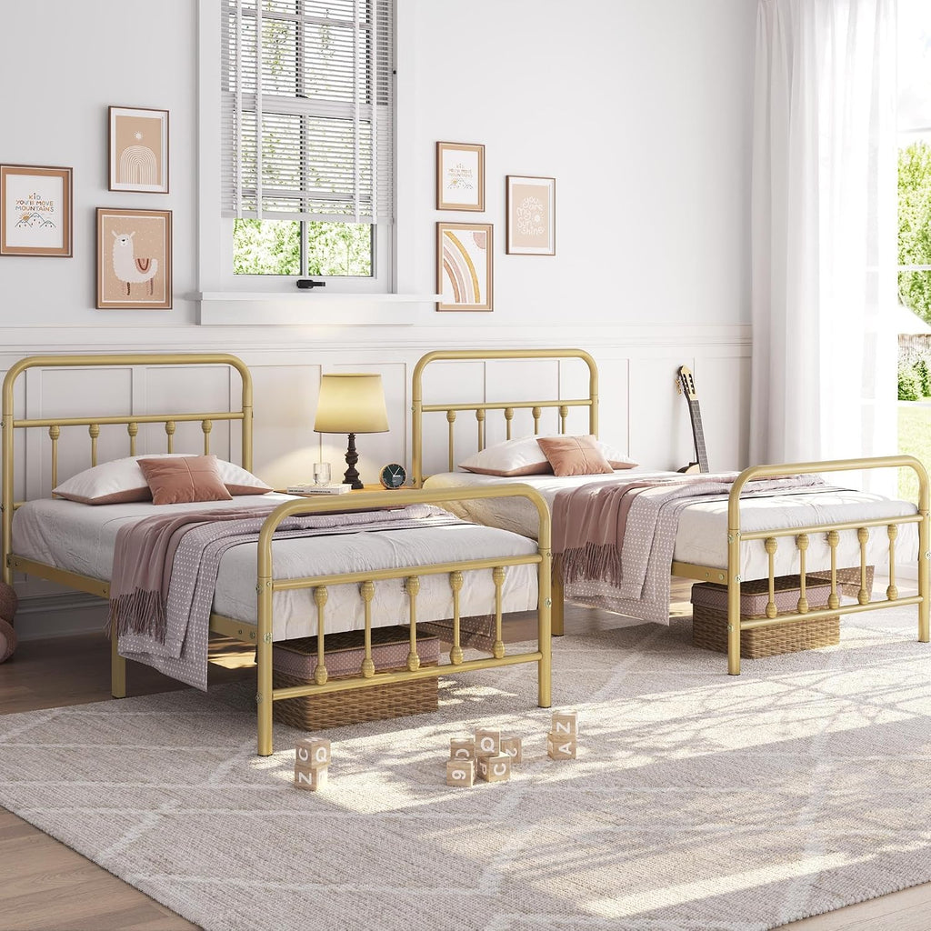 Yaheetech 2Pcs Twin Size Metal Platform Bed Frame with Victorian Style Iron-Art Headboard/Footboard/Under Bed Storage/No Box Spring Needed Antique Gold