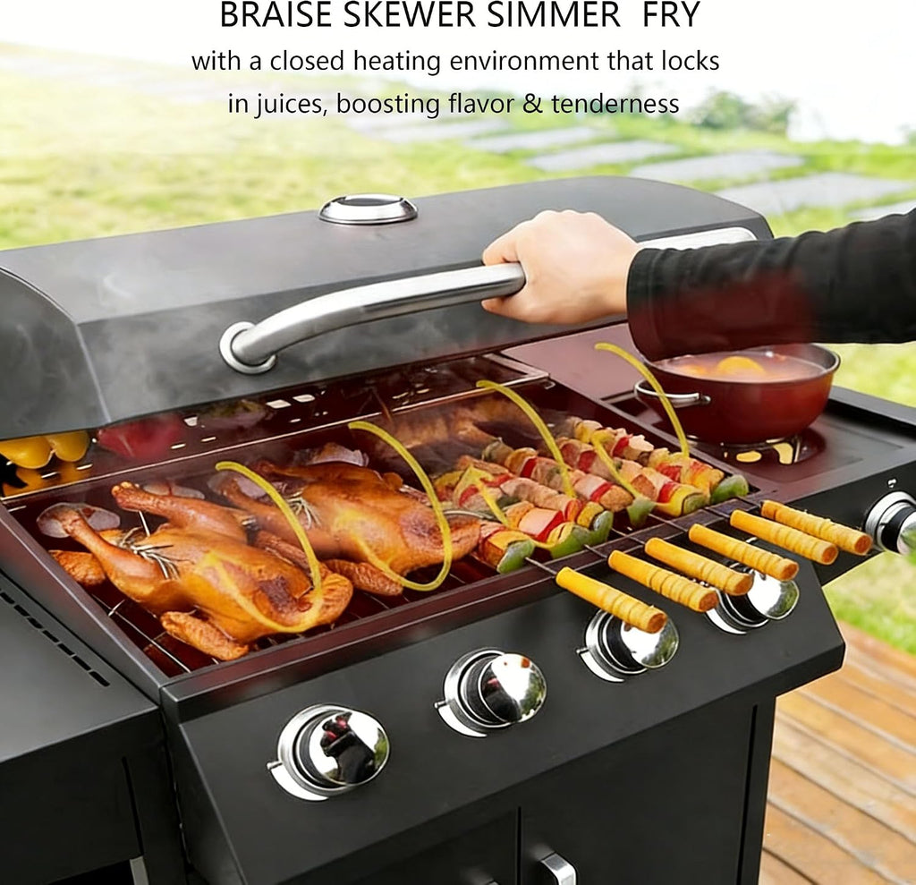 Propane Barbecue Grill with Side Burner and 4 Main Burners,Stainless Steel Barbecue Grill with Wheels and Storage,Griddle Grill Combo for Outdoor Cooking and Patio Barbecues
