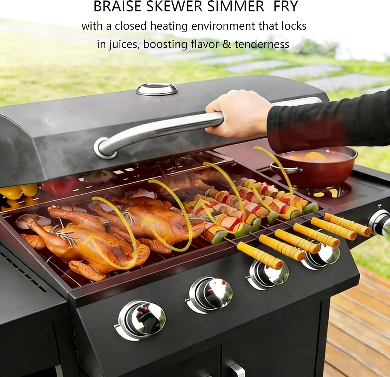 Propane Barbecue Grill with Side Burner and 4 Main Burners,Stainless Steel Barbecue Grill with Wheels and Storage,Griddle Grill Combo for Outdoor Cooking and Patio Barbecues
