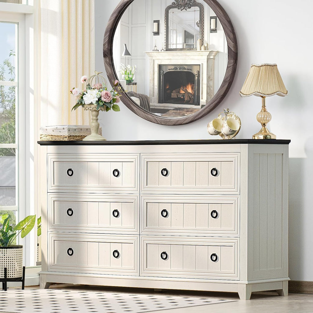 Joaxswe 6 Drawers Dresser for Bedroom, Farmhouse 54'' White Dresser Chest of Drawers, Vintage Design Wood TV Stand, Rustic Storage Dressers Organizer for Bedroom, Living Room, Hallway