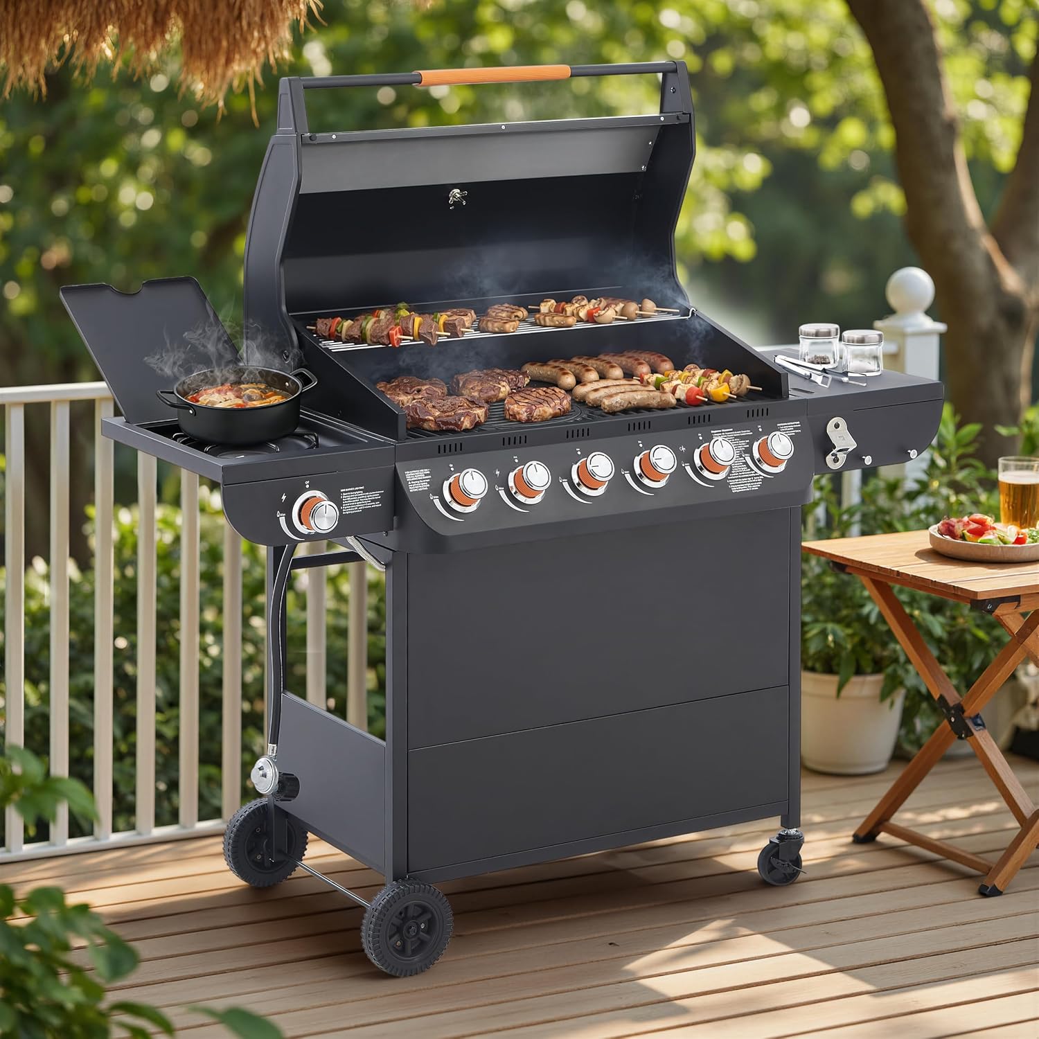 6 Burner Propane Gas Grill with Side Burner, 72000 BTU Stainless Steel Portable Bbq Grills, 650 Sq.In Cooking Area with Warming Rack, Cast Iron Grates, Wheels, Freestanding for Backyard Patio