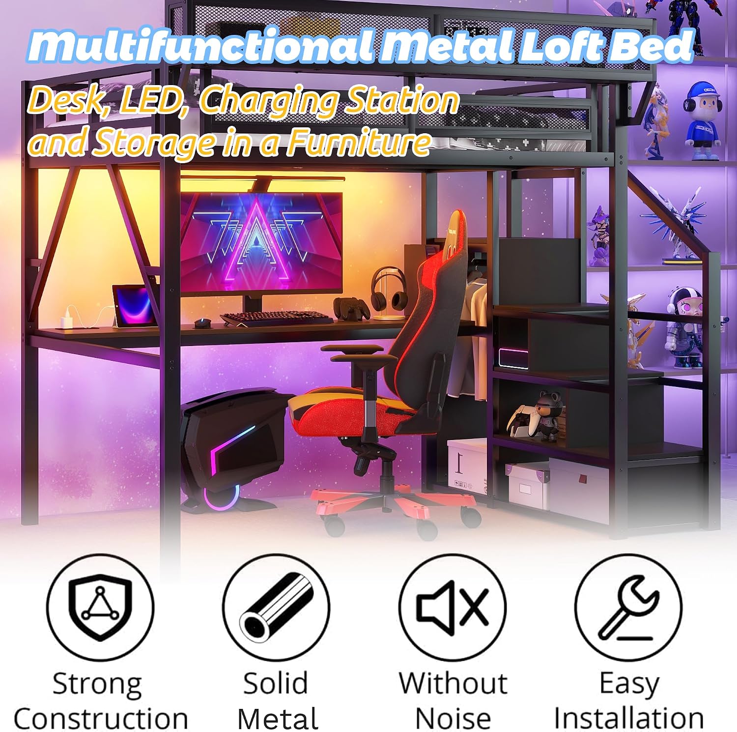Metal Loft Bed with Desk and RGB LED Lights,Kids Loft Beds with Stairs and Charging Station,Full Size Loft Bed with Storage Shelves for Upper and Wardrobe,Loft Beds Frame for Kids(Black)