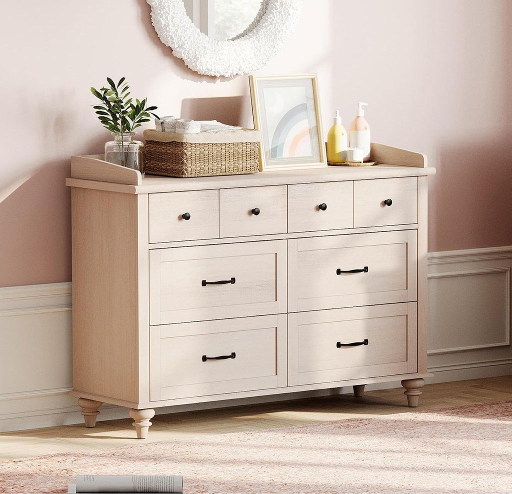 WAMPAT 2 Piece Bedroom Set - Includes 6 Drawer Dresser for Bedroom, Mid Century Nightstand with Charging Station & Drawers, 2 Piece Dresser and Nightstand Sets, Beige