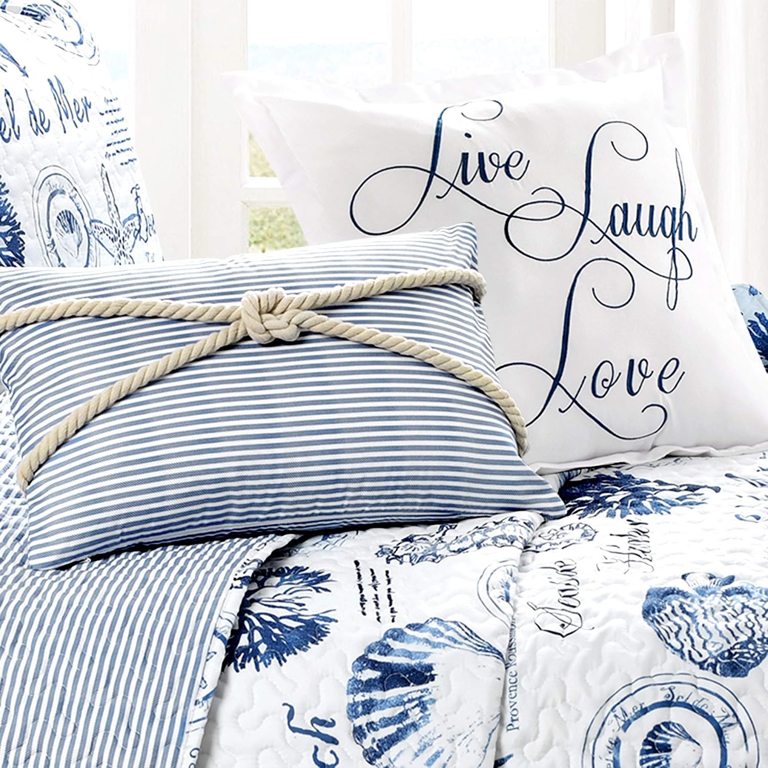 Lush Decor Harbor Life Reversible Quilt Set, 7 Piece Set, Full/ Queen, Indigo - Blue Quilt Queen Bedding Set - Coastal Decor - Nautical Bedding - Beach House
