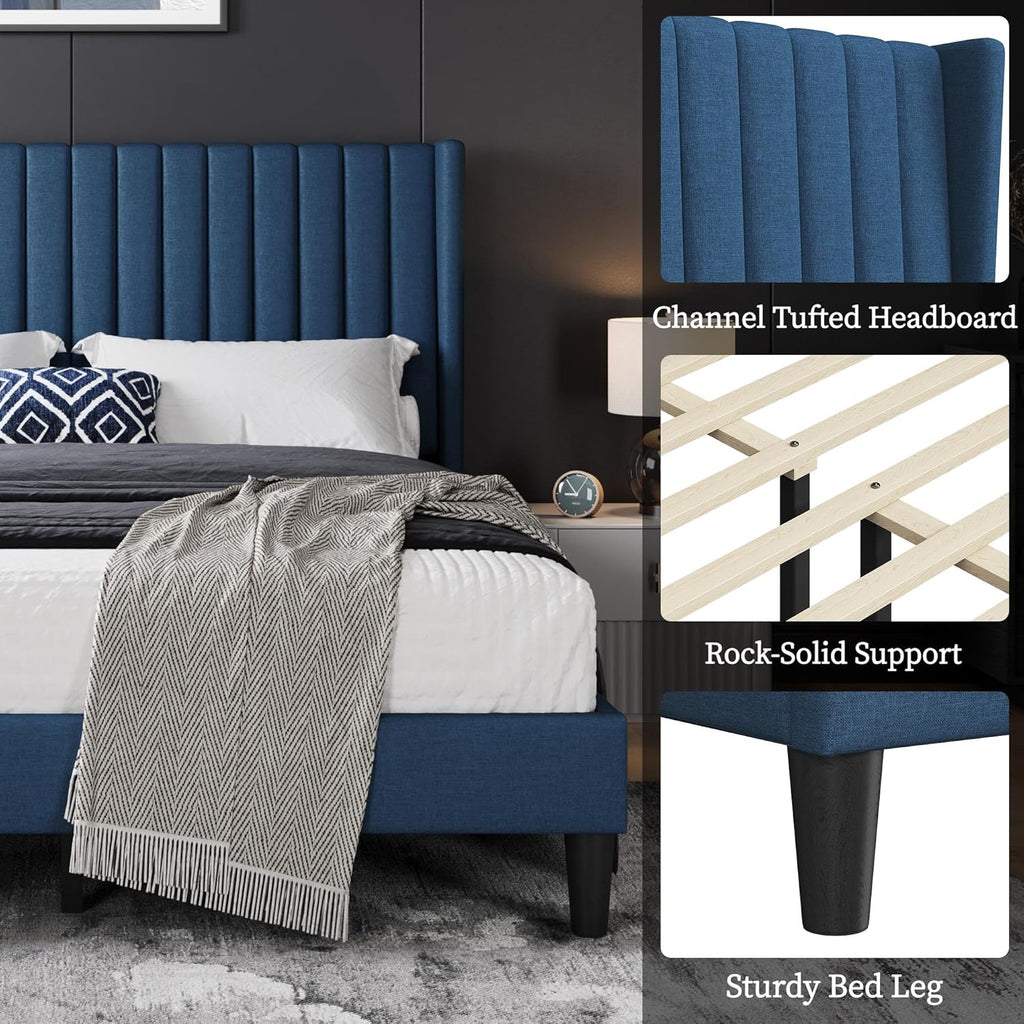 Yaheetech Queen Bed Frame Upholstered Platform Bed with Fabric Headboard, Wing Edge Design/Non-Slip and Noise-Free/Wooden Slats Support/No Box Spring Needed/Easy Assembly, Navy Blue Queen Bed