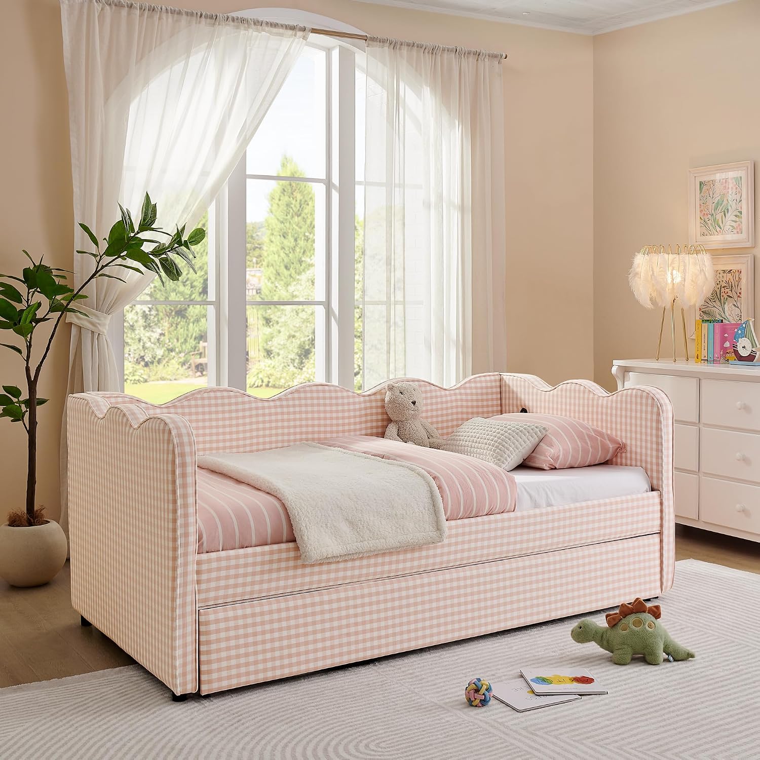 Twin to King Daybed with Trundle, USB Ports Soft Upholstered Daybed with Pop Up Trundle Bed Twin , Modern Extendable Day Bed Frame for Girls Bedroom Living Room Guest Room Small Places Apricot Pink