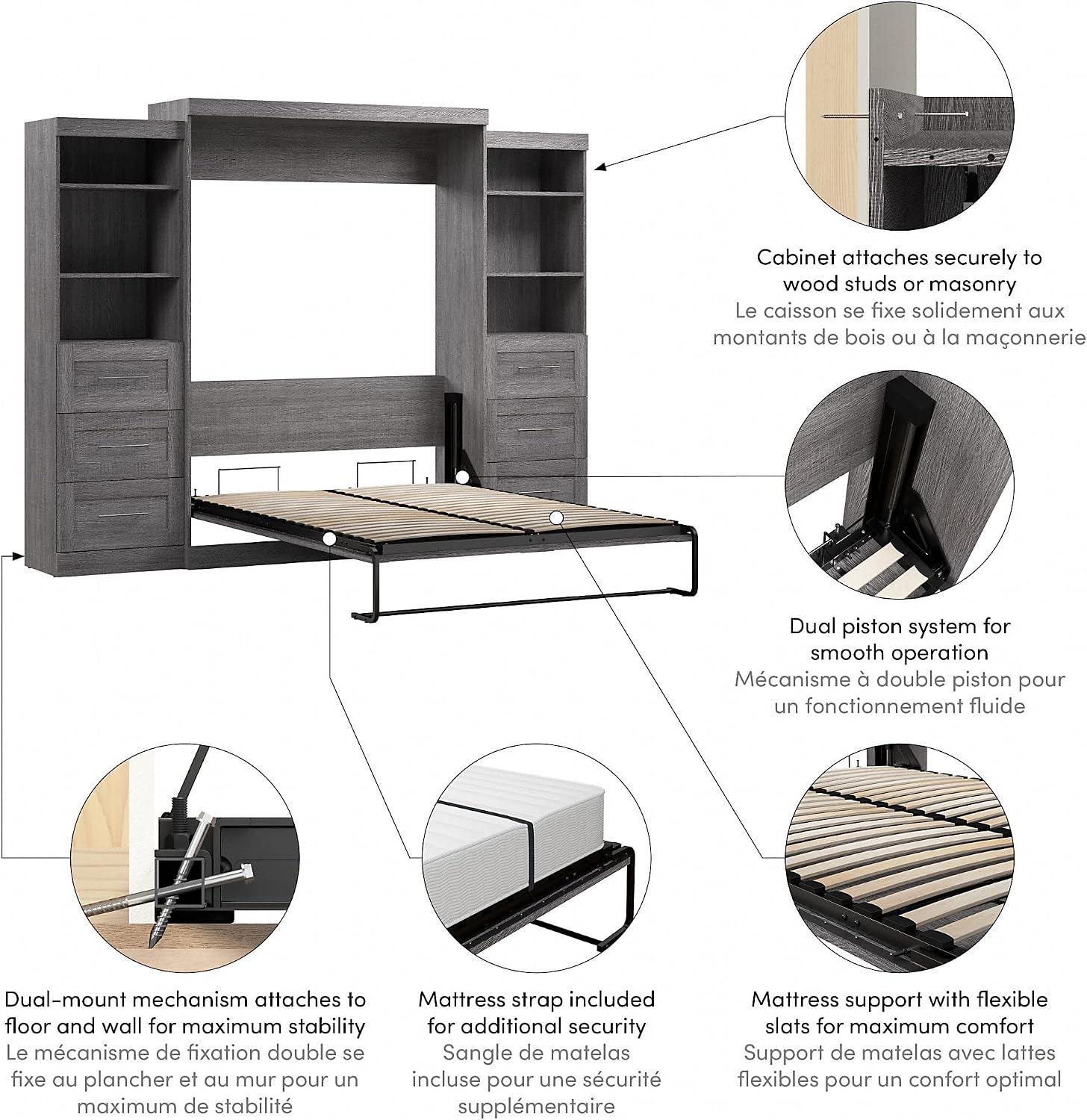 Bestar Pur Queen Murphy Bed and 2 Shelving Units with Drawers, 115-inch Space-Saving Sleeping Arrangement in Bark Grey