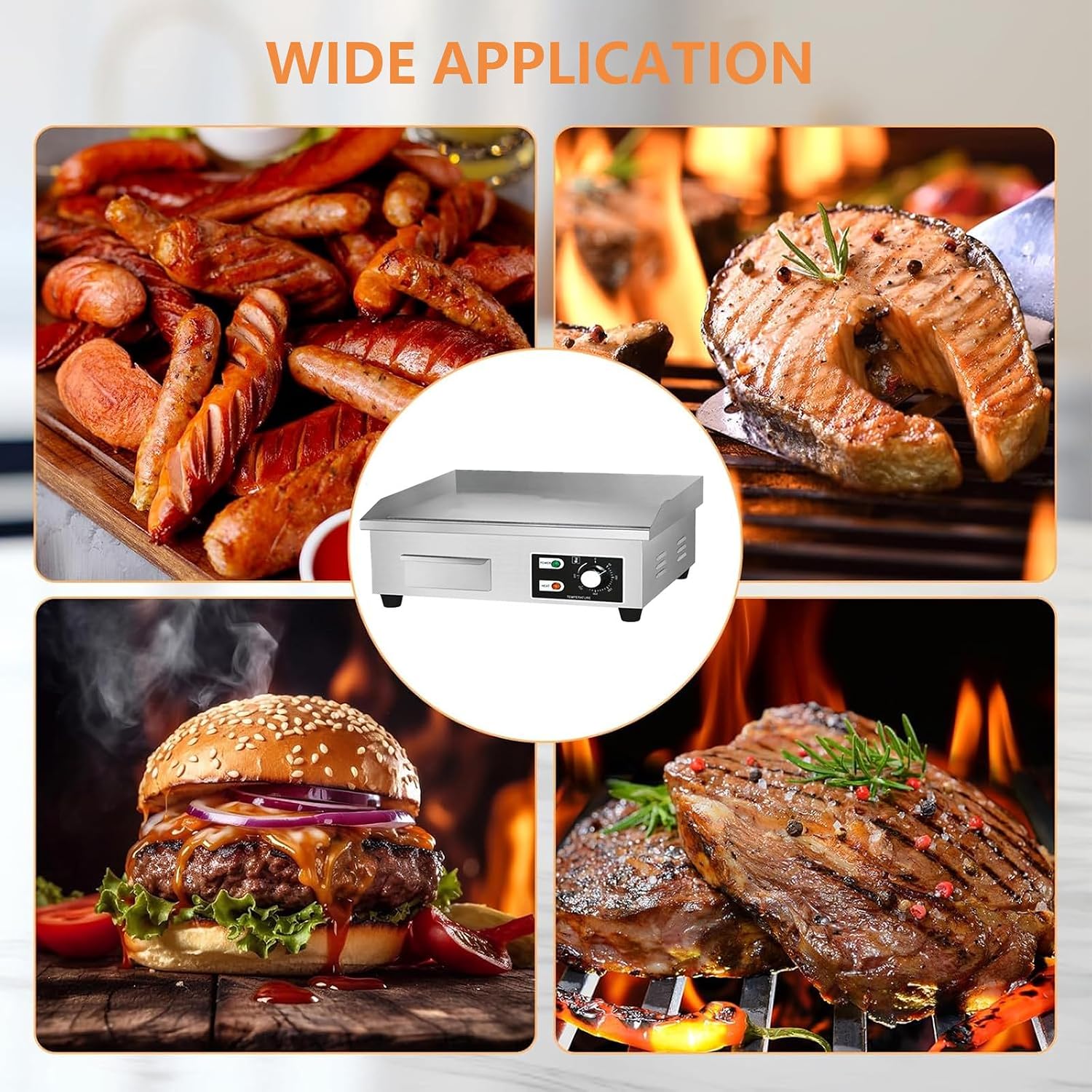 Commercial Electric Countertop Griddle Stainless Steel BBQ Flat Top Grill Hot Plate, Adjustable Thermostatic Control, Restaurant Grill for Kitchen