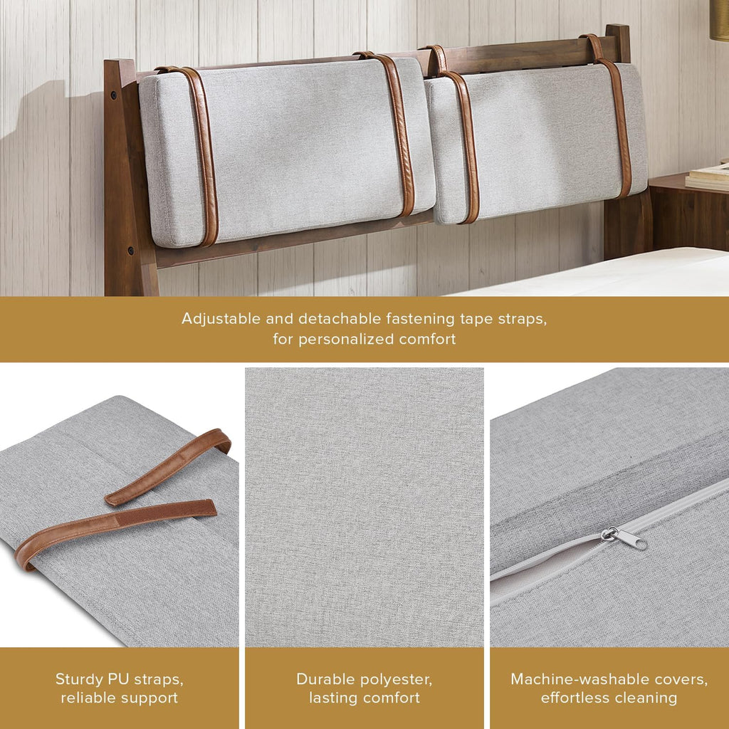 mopio Ted Bed Frame with Headboard, Mid Century Modern Acacia Solid Wood Platform Bed Frame, Wooden Slats, No Box Spring, Double Metal Bar Support (Solid Wood Upholstered, Queen (U.S. Standard))