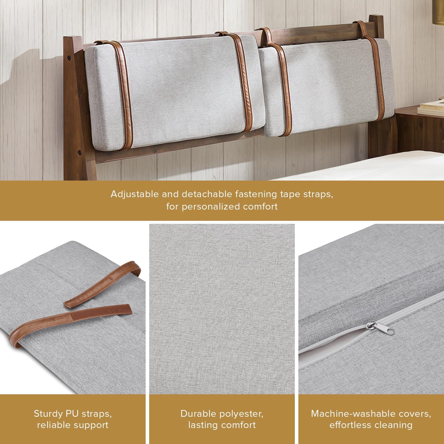mopio Ted Bed Frame with Headboard, Mid Century Modern Acacia Solid Wood Platform Bed Frame, Wooden Slats, No Box Spring, Double Metal Bar Support (Solid Wood Upholstered, Queen (U.S. Standard))