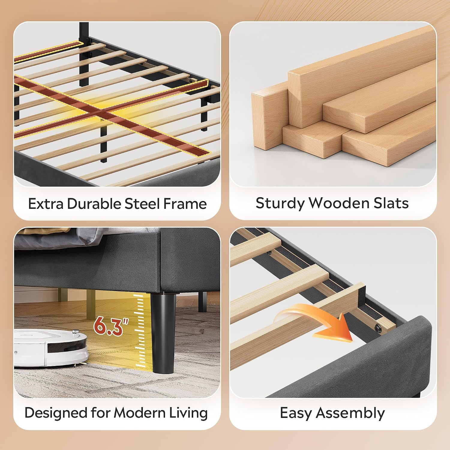 WLIVE Upholstered Bed Frame, Queen Bed Frame with Headboard, Platform Bed with Wood Slats, 1500LBS Mattress Foundation, No Box Spring Needed, Easy Assembly, Velvet Grey