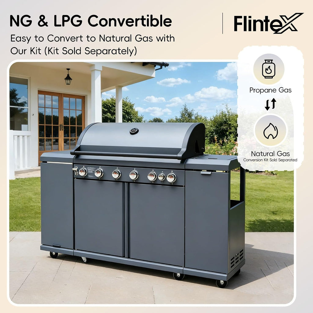 Flintex 6-Burner Propane Gas Kitchen Grill Island with Side Burner,72,000 BTU Stainless Steel BBQ Outdoor Griddle Grill Combo with LPG/NG Convertible and Storage Cabinets & Fold-out Table, Gray