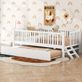 VilroCaz Twin Size Platform Bed with Guardrail and Trundle, Wood Kids Platform Bed Frame with Two-Step Ladder for Boys Girls, Sturdy Slats Support (White-1.26T)