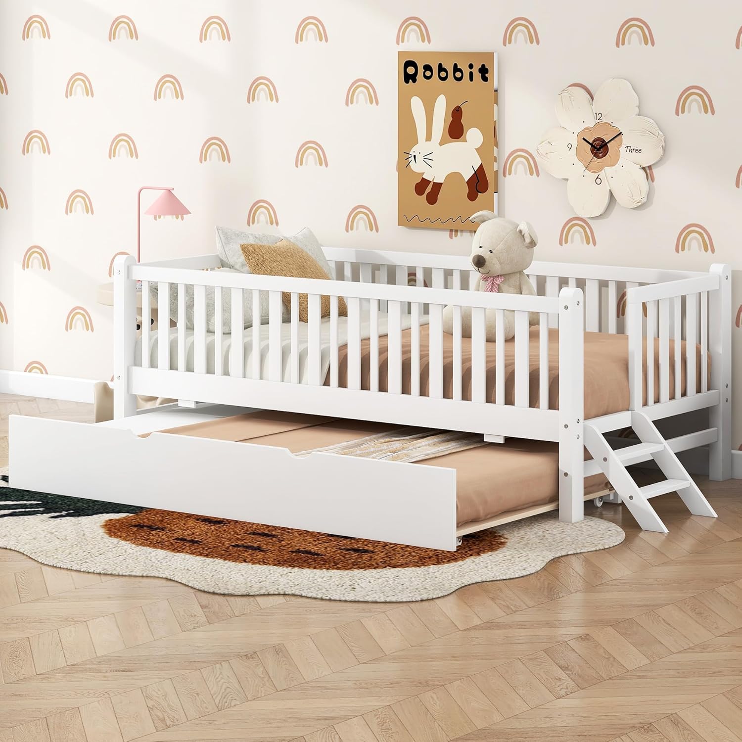 VilroCaz Twin Size Platform Bed with Guardrail and Trundle, Wood Kids Platform Bed Frame with Two-Step Ladder for Boys Girls, Sturdy Slats Support (White-1.26T)