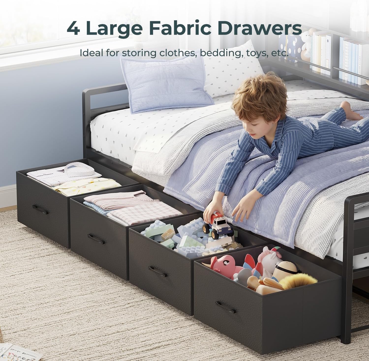 BTHFST Twin Daybed with 4 Storage Drawers & 3-Tier Bookshelf, Day Bed with RGB LED Lights & Charging Station, Corner Bed Frame with Storage Headboard for Bedroom, Living Room, Guest Room, Black