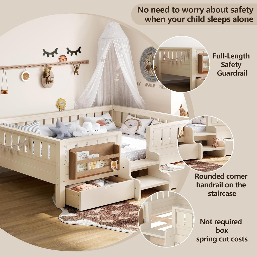 Bellemave Full Size Bed with Slats and Stairs, Full Size Platform Bed Frame with Fence, Bookshelf and Storage Drawers, Easy Assemble Beds for Kids, Girls, Boys, Beige