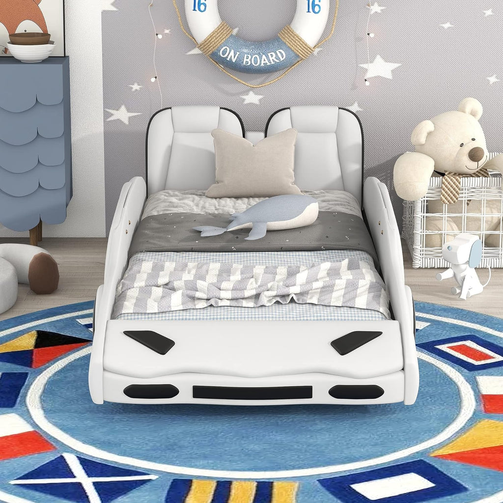 Merax Kids Twin Upholstered Day Bed Frame for Boys Girls, PU Leather Platform Bed with Race Car-Shaped Frame, No Box Spring Needed, White