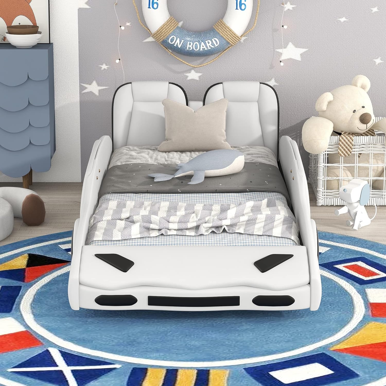 Merax Kids Twin Upholstered Day Bed Frame for Boys Girls, PU Leather Platform Bed with Race Car-Shaped Frame, No Box Spring Needed, White