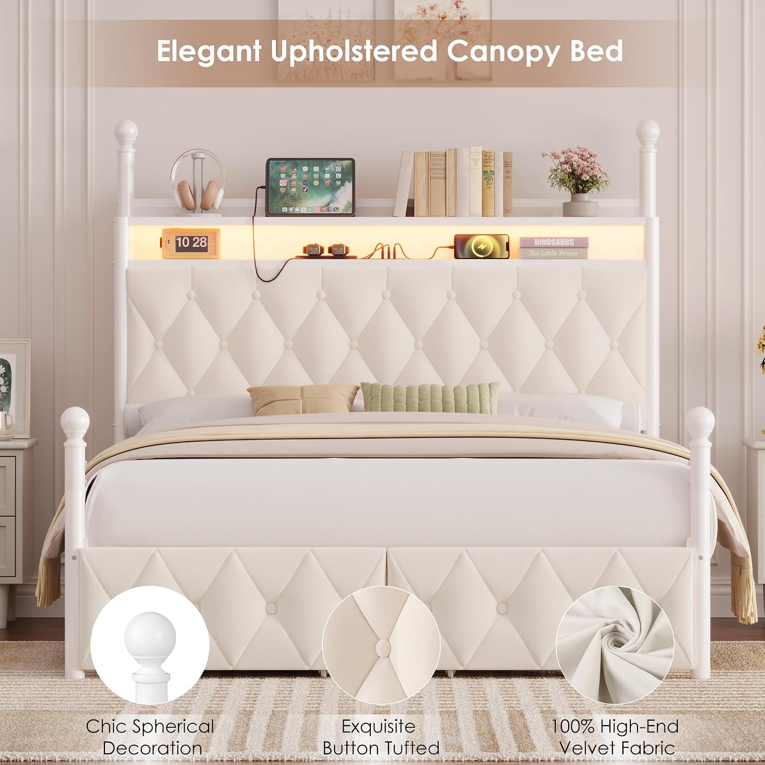 HIFIT Full Size Upholstered LED Canopy Bed Frame with Storage and Charging Station, Button Tufted Storage Headboard with Bookshelf, Two-Use Metal Platform Bed with 4 Removable Posts & 2 Drawers, Biege