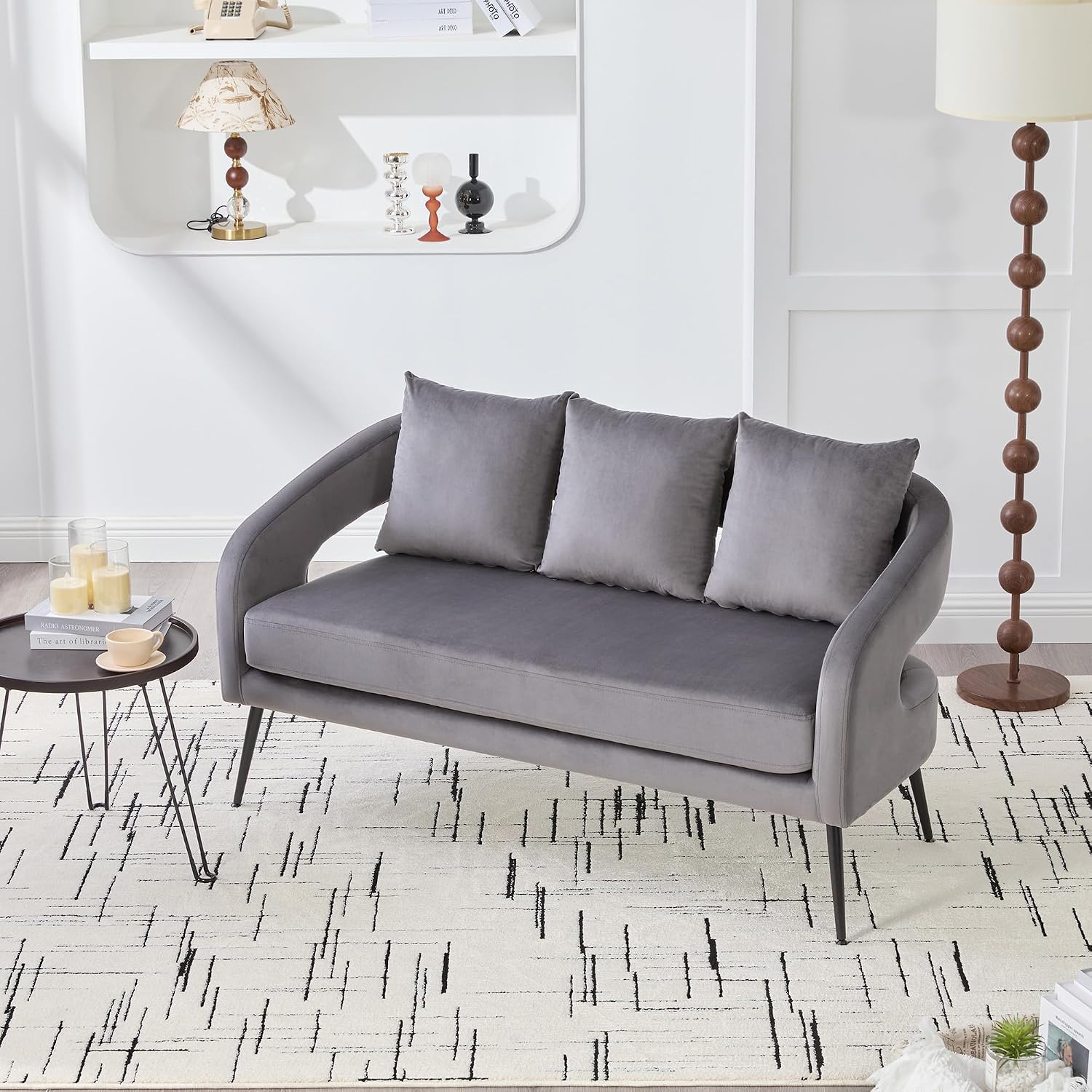 53.7' Modern Velvet Loveseat Sofa with 3 Pillow,Small Comfortable 2 Seat Sofa with Metal Legs, Small Couch for Living Room,Bedroom,Office,Reception,Charcoal
