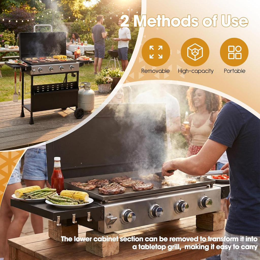 4-Burner Propane Gas Griddle with Removable Cart, 40,000 BTU Output Portable Outdoor BBQ Grill with Wheels, Cast Iron Griddle, Foldable Side Tables and Spice Rack for Backyard, Patio, Camping