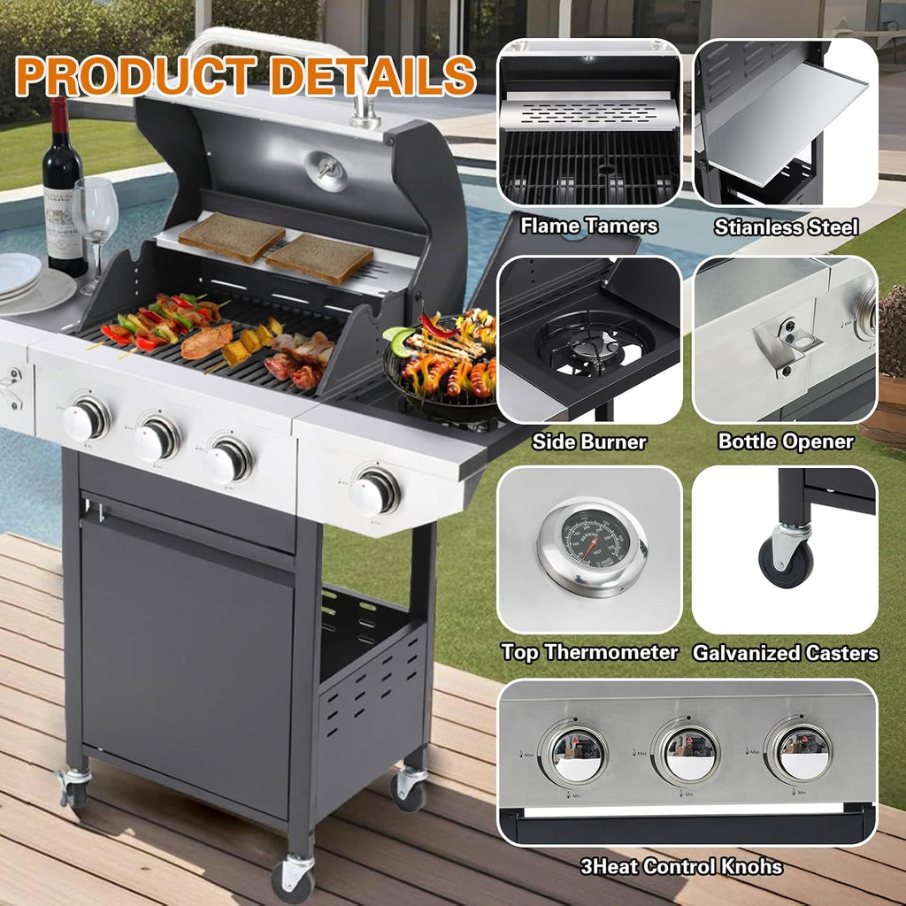 Endark 3-burner Propane Gas Grill | 37,000 BTU Stainless Steel with Side-iFre Function | with Enameled Cast Iron Grate,Thermometer and Side Stand Wheels | Great for Patio and Garden Outdoor Cooking