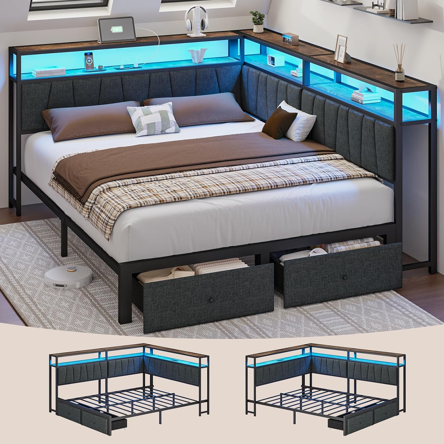 Full Corner Bed Frame with Storage Drawers, Modern Daybed with LED Lights and Charging Station, Metal Platform Bed Frame Full Size with Linen Upholstered Guardrail for Dorm Bedroom, Grey