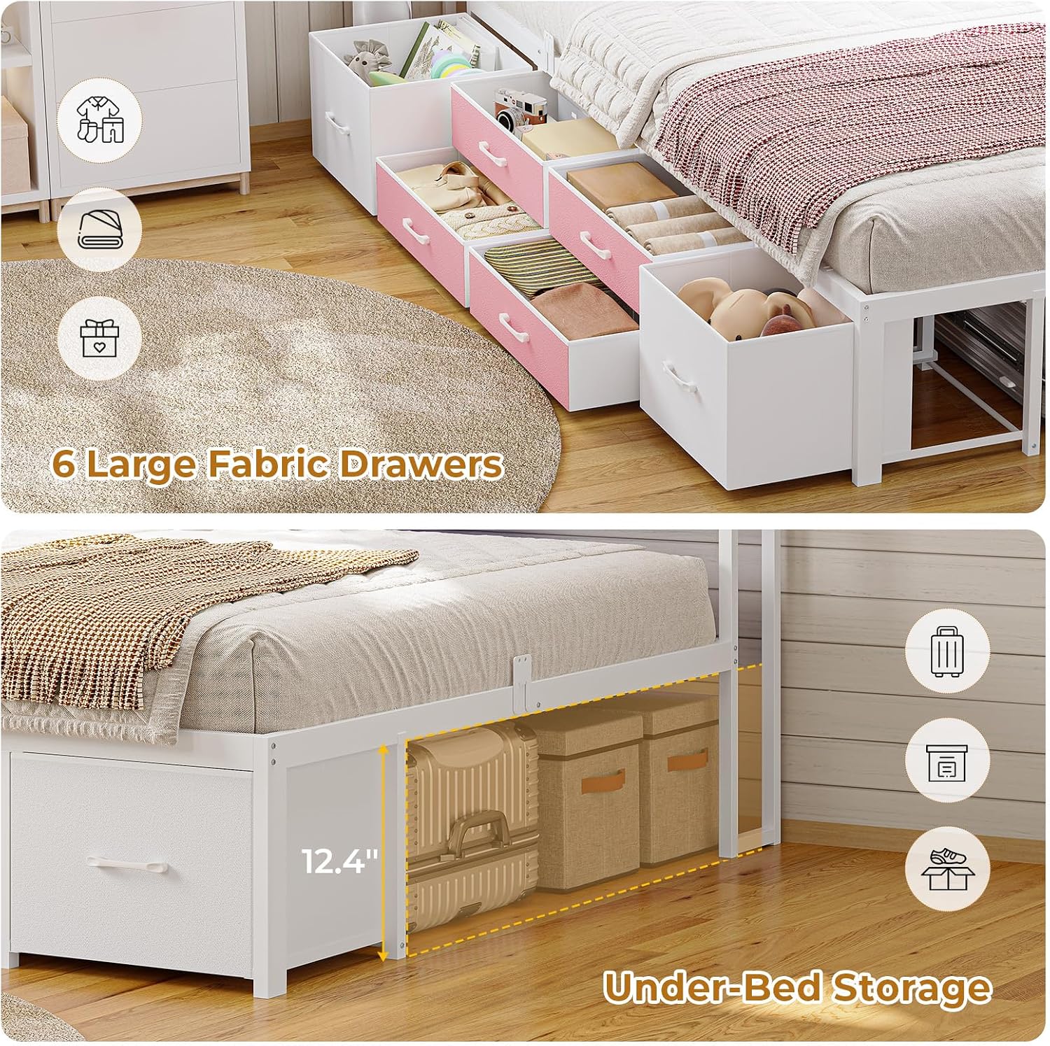 MSmask 14 Inch Corner Bed Frame with Bookcase Storage, Full Daybed with 6 Drawers, Charging Station and LED Light, Full Size Metal Platform Bed Frame for Kids Teenagers, Pink
