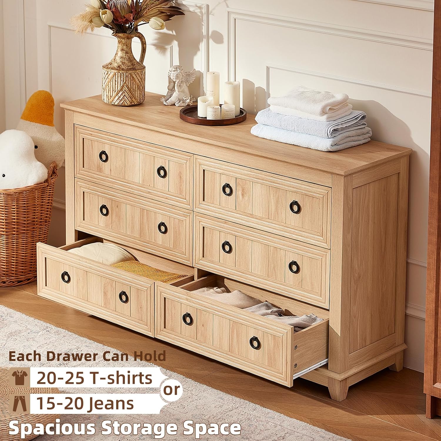 Joaxswe 6 Drawers Dresser for Bedroom, Farmhouse 54 Inch Wide Wood Dresser Chest of Drawers, Vintage Design TV Stand, Rustic Storage Dressers Organizer for Bedroom, Living Room, Hallway - Natural Wood