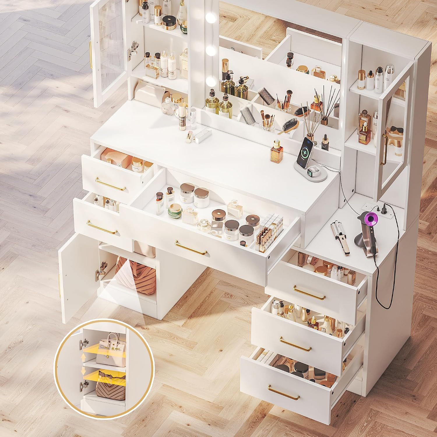 TOKSOM 51' Vanity Desk with Mirror and Lights & Charging Station, Bedroom Dressing Table, Large Vanity Set, 6 Drawers and 2 Cabinets, Makeup Vanity Table with Charging Station, Without Stool