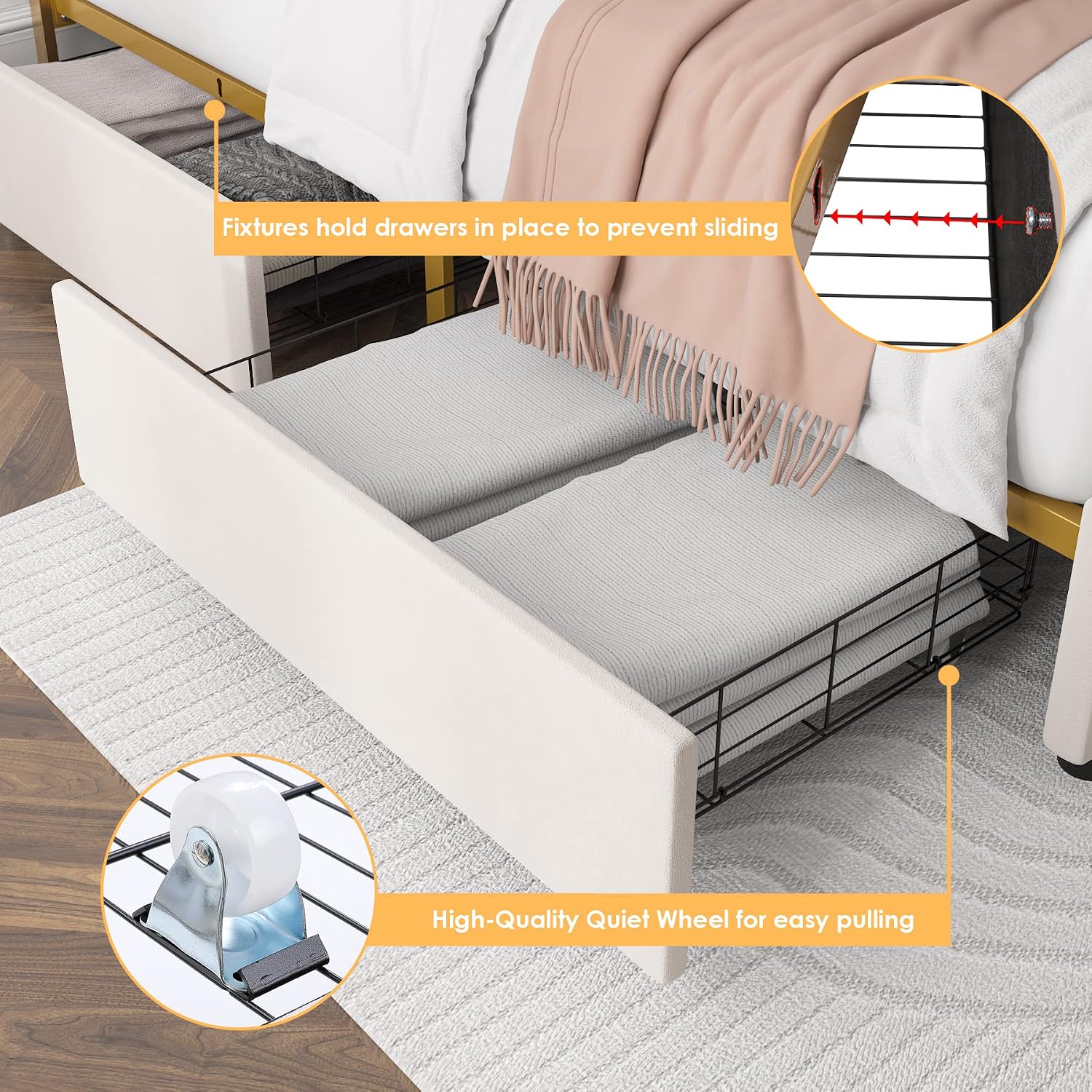 HIFIT King Upholstered Bed Frame with 4 Storage Drawers and Handmade Button Tufted Headboard, Modern Velvet King Size Platform Storage Bed with Solid Wooden Slat, No Box Spring Needed, Golden & Beige