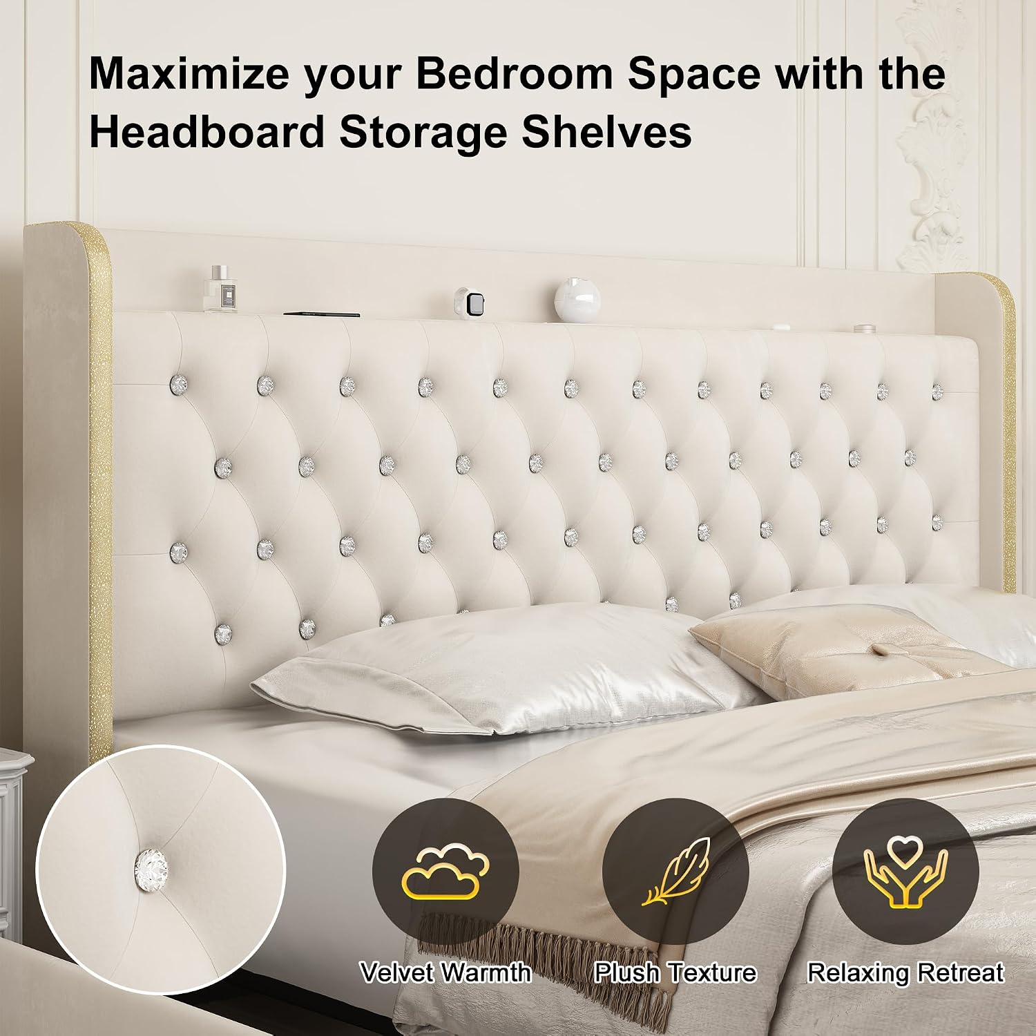 GEGOFORU Queen Wingback Modern Platform Bed with Galaxy Projector, 4 Dust-Proof Storage Drawers, LED Bed Frame, USB Ports, No Box Spring Needed & Noise-Reduction Sturdy Wood Slats, Velvet Cream