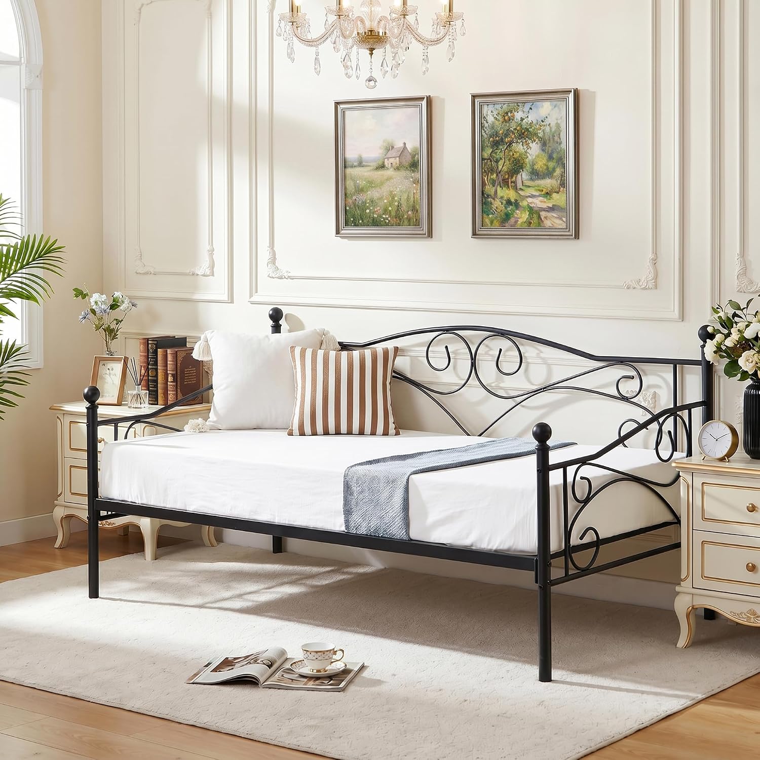 VECELO Daybed Frame, Twin Size Metal Platform Bed with Headboard,Heavy Duty Steel Slats Support for Living Room Bedroom Guest Room, Easy Assembly