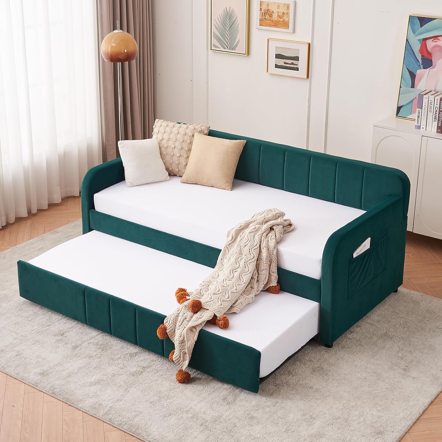 Twin to King Daybed with Trundle, USB Ports, Velvet Upholstered Daybed with Pop Up Trundle Bed, Modern Extendable Day Bed Frame for Kid Adult Bedroom Living Room Guest Room Small Places Emerald
