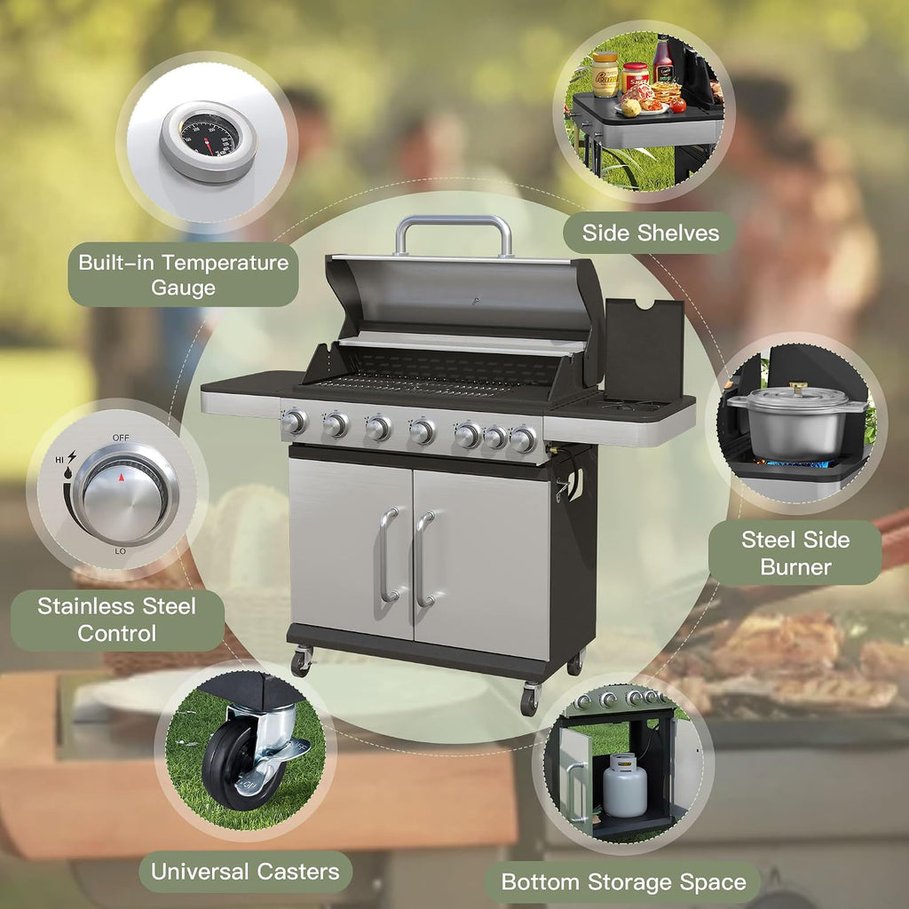 6 Burners Propane Gas Grill with Side Burner, Stainless Steel BBQ Grill with Porcelain-Enameled Cast Iron Grates, 65,500 BTU Outdoor Patio Barbeque Grill for Party, Camping, Backyard