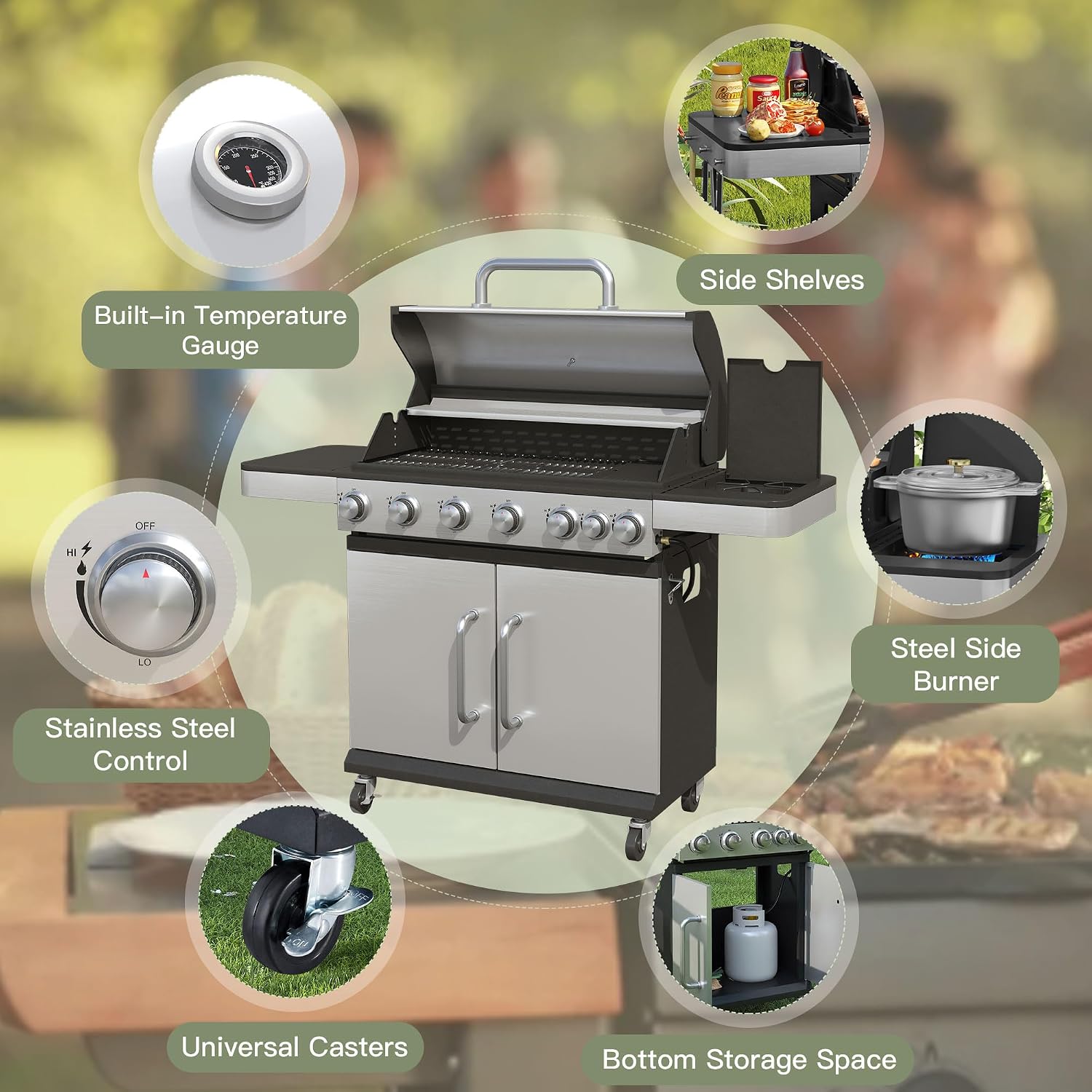 6 Burners Propane Gas Grill with Side Burner, Stainless Steel BBQ Grill with Porcelain-Enameled Cast Iron Grates, 65,500 BTU Outdoor Patio Barbeque Grill for Party, Camping, Backyard