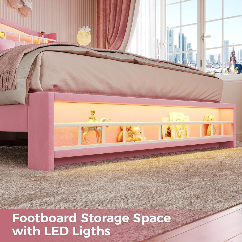 BTHFST Full Szie Girls Bed with LED Lights & Charging Station, Princess Full Size Bed Frame with Hidden Storage Headborad, Sturdy Platform Bed, No Box Spring Needed/Noise-Free/Easy Assembly, Pink